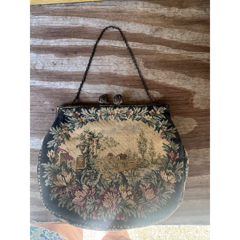 Vintage Floral Tapestry Purse With Clasp Closure & Chain Handle - Picture 4 of 5